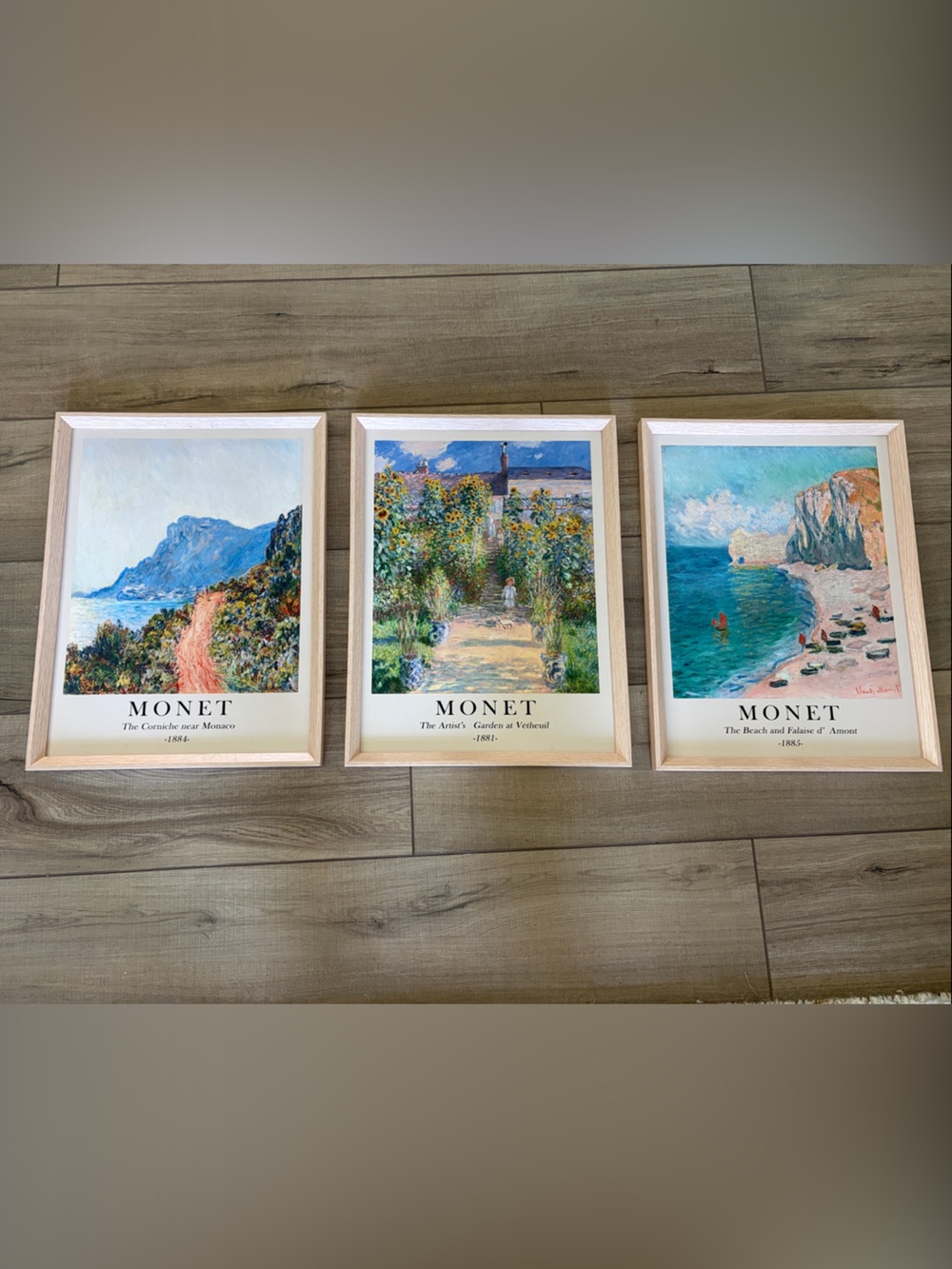 Monet Trio Framed Art Prints in Light Wood - Coastal & Garden Scenes